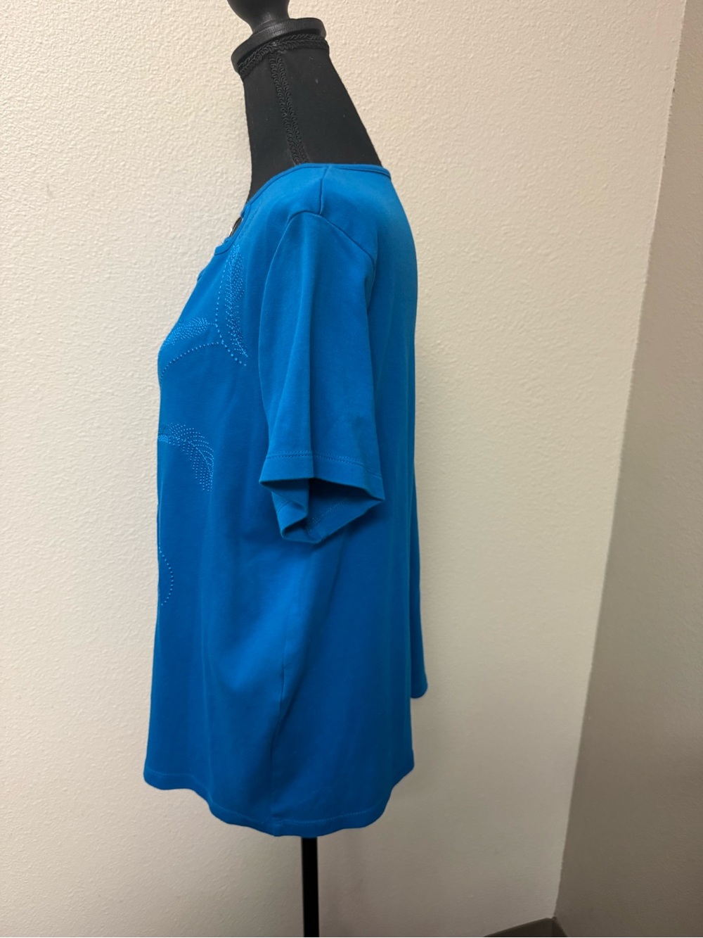 TanJay Blue Embellished Ring Neck Stretch Top XL Casual Career Blouse - Picture 5 of 10